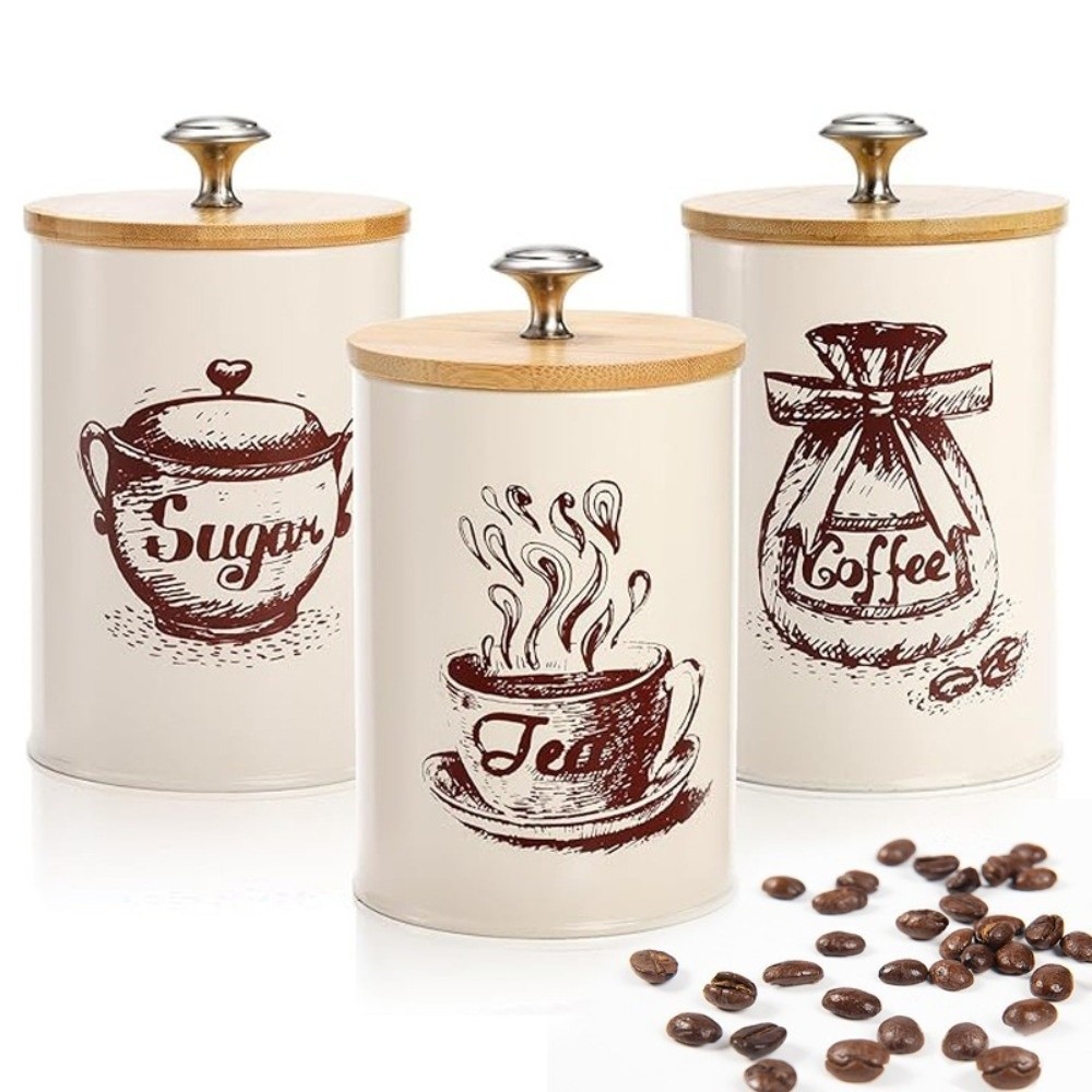 Coffee Tea Canister Set - 3 adet Metal Kahve Kutusu Seti