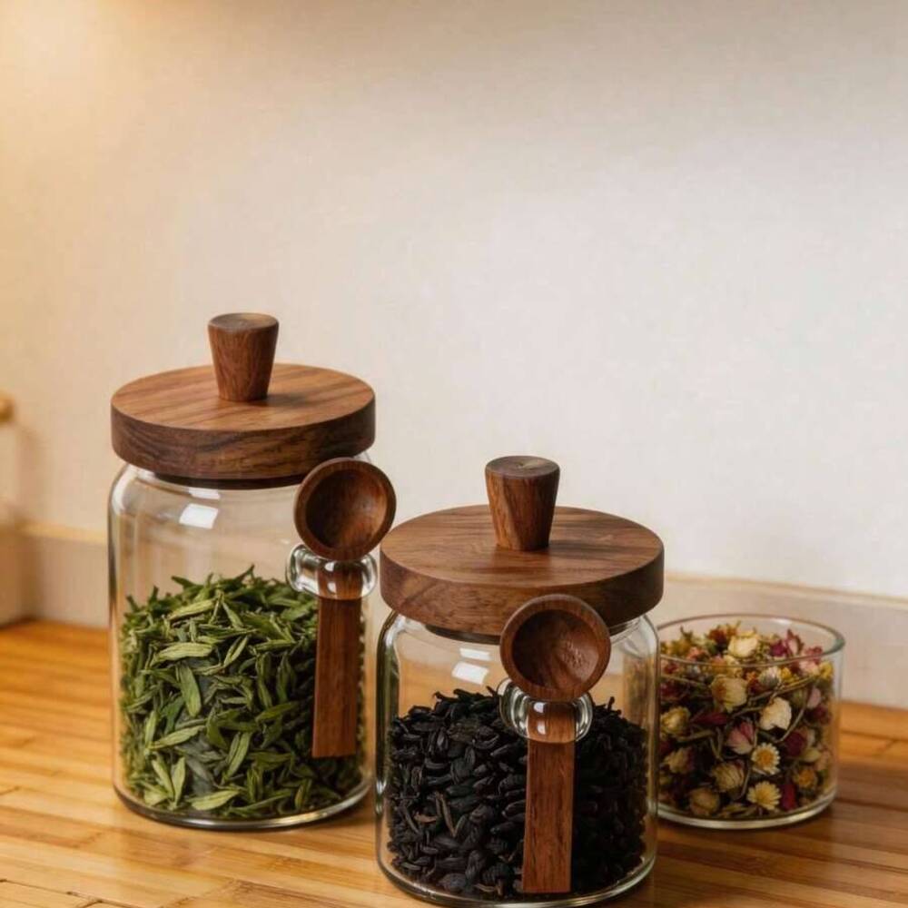 Coffee Tea Canister Set - 3 Parçalı Set Şeffaf Cam Kavanozlar,